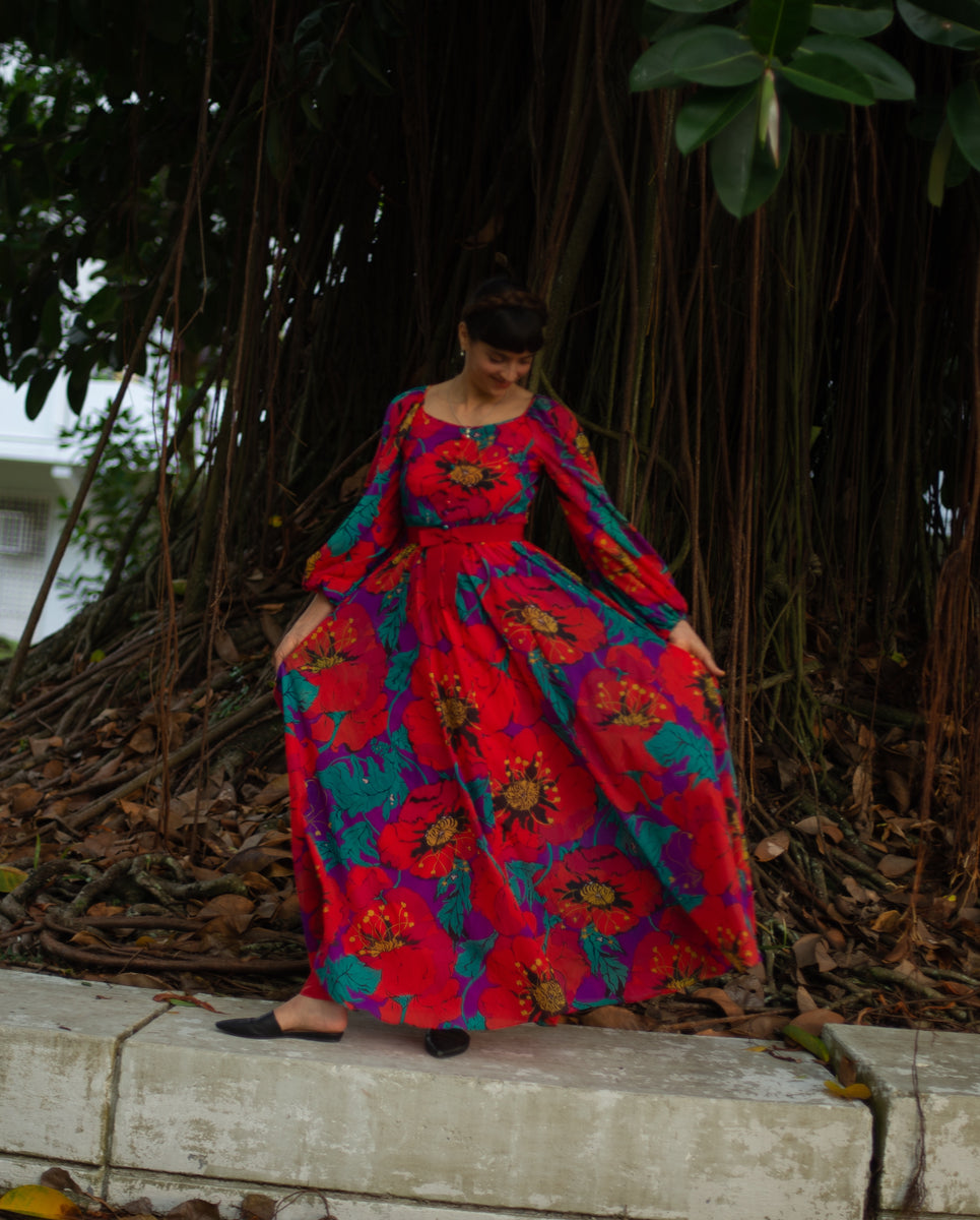 1960s/70s Frank Usher poppy print balloon sleeve maxi dress, small - Main Image