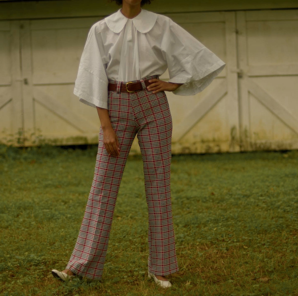 1970s houndstooth plaid mid high rise bell bottom trousers, 28-29W ...