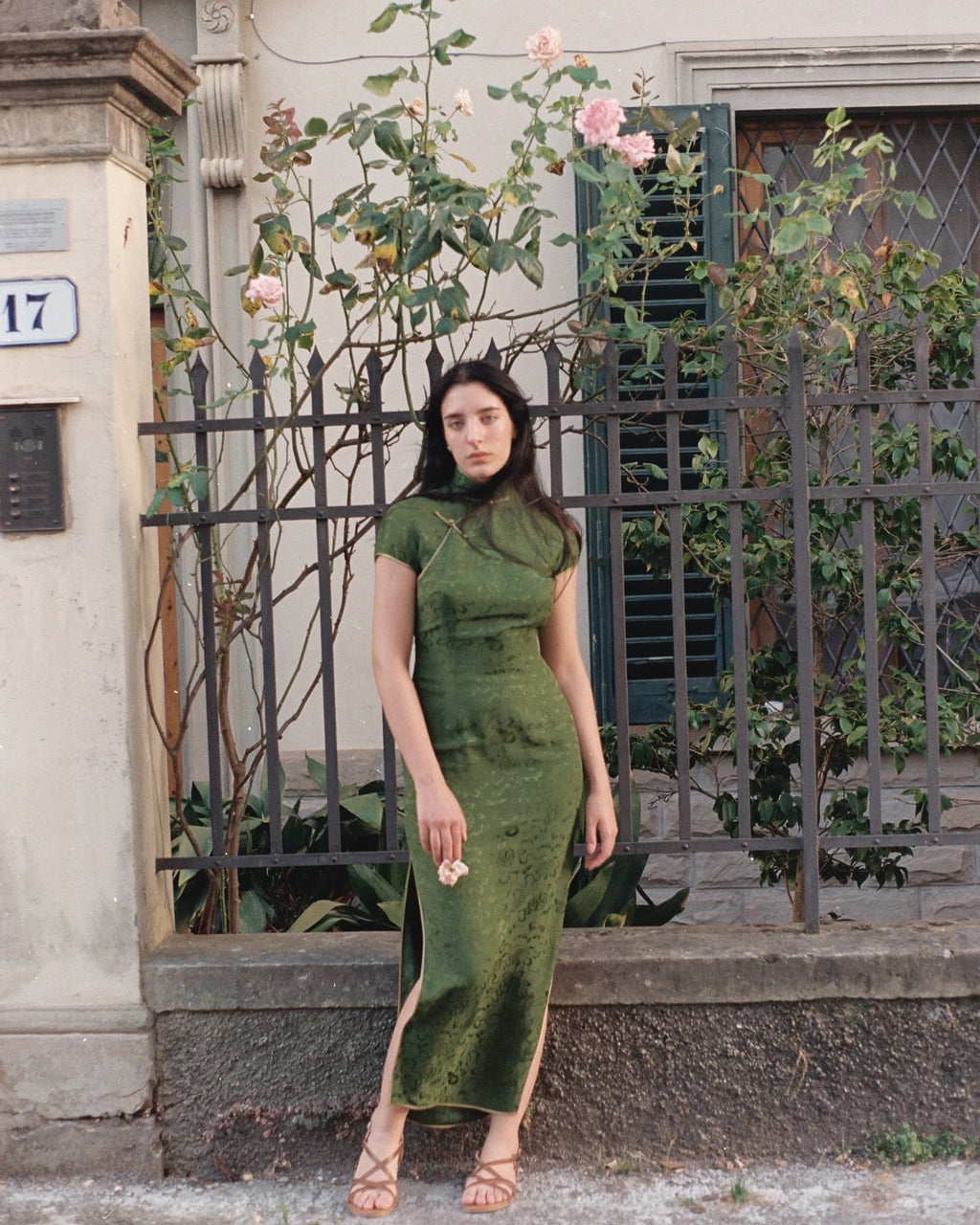 1990s Shanghai Tang silk muted green cheongsam dress