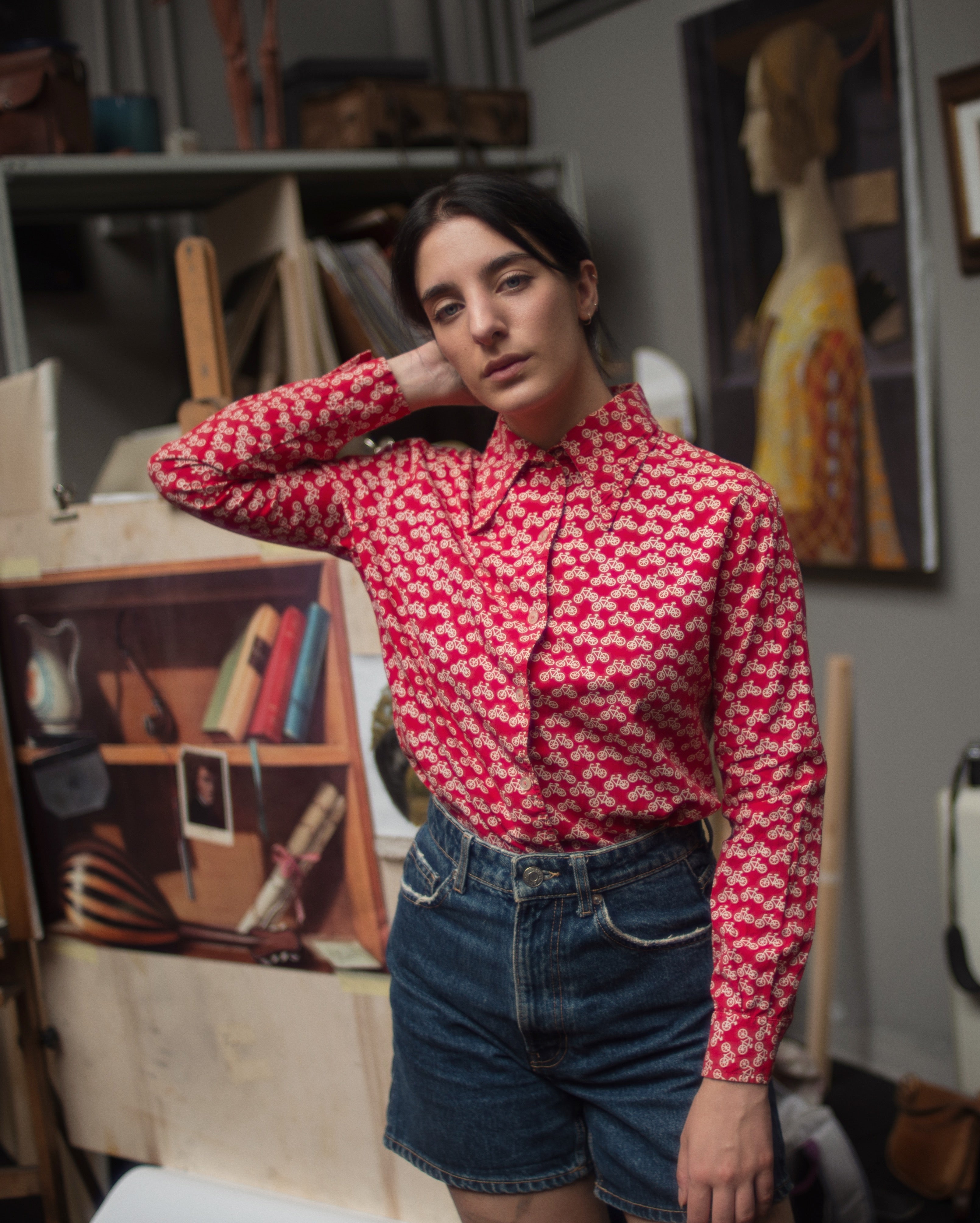 1970s cotton novelty  bicycle print disco blouse