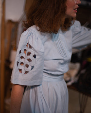 1980s linen pale blue puff sleeve fit and flair dress, 25” waist