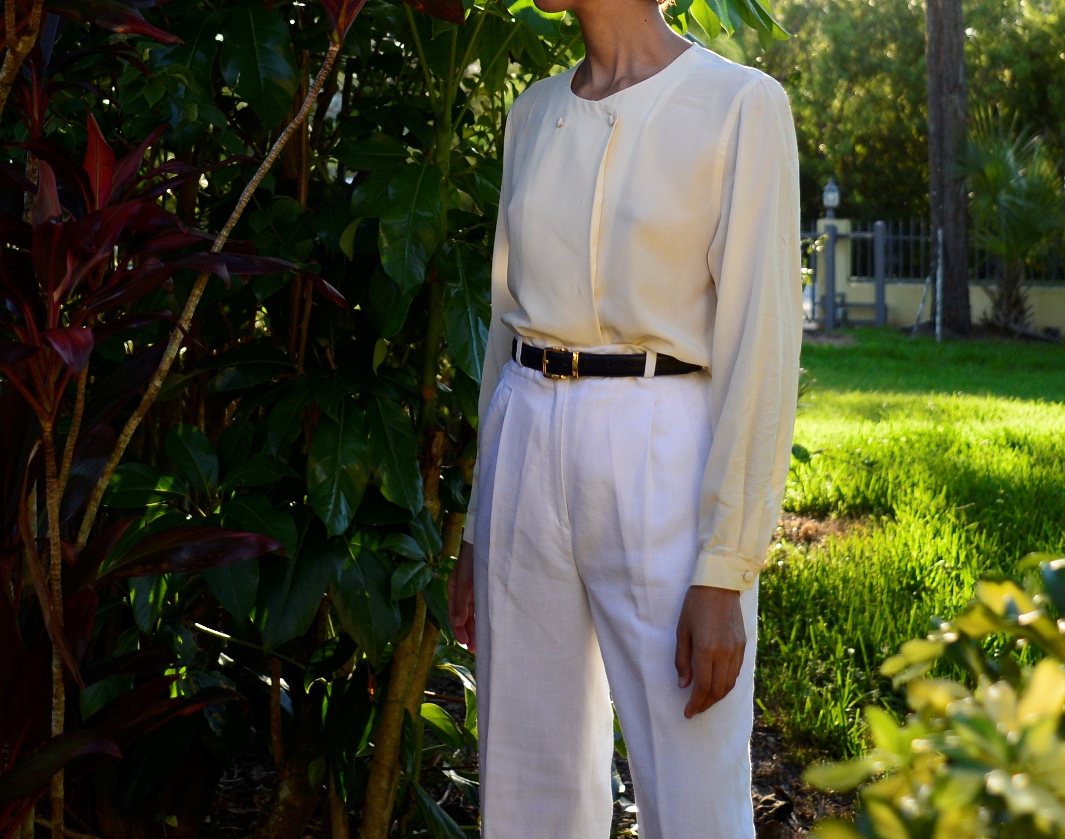 80s deadstock cream silk double breasted button panel blouse // US 4 // s-m