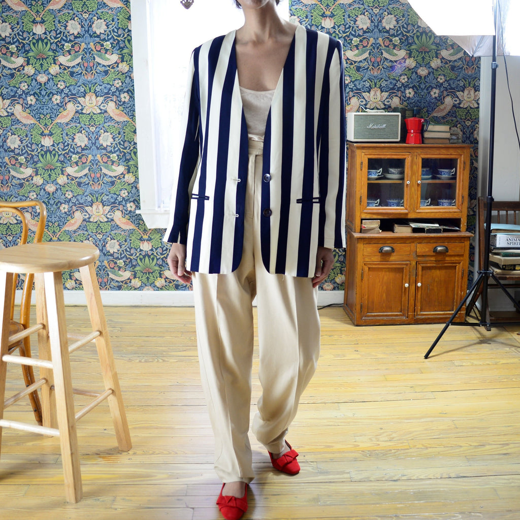 80s navy blue and cream striped oversized blazer jacket // s-m-l