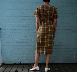 1950s cotton olive/blue check pattern puff sleeve shift dress // 29" waist