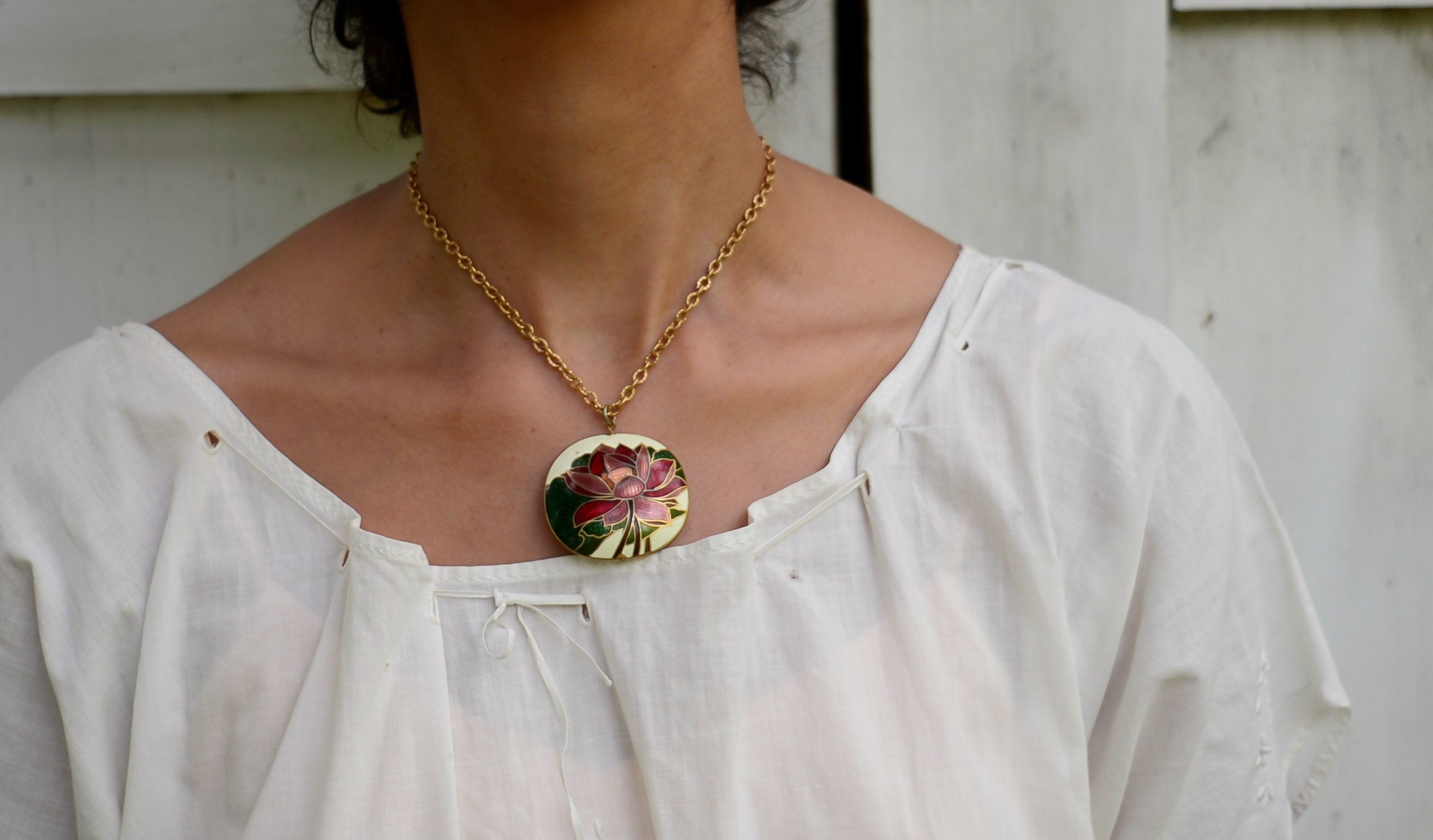 vintage Chinese lotus flower puffy cloissonne pendant necklace // 2" diameter