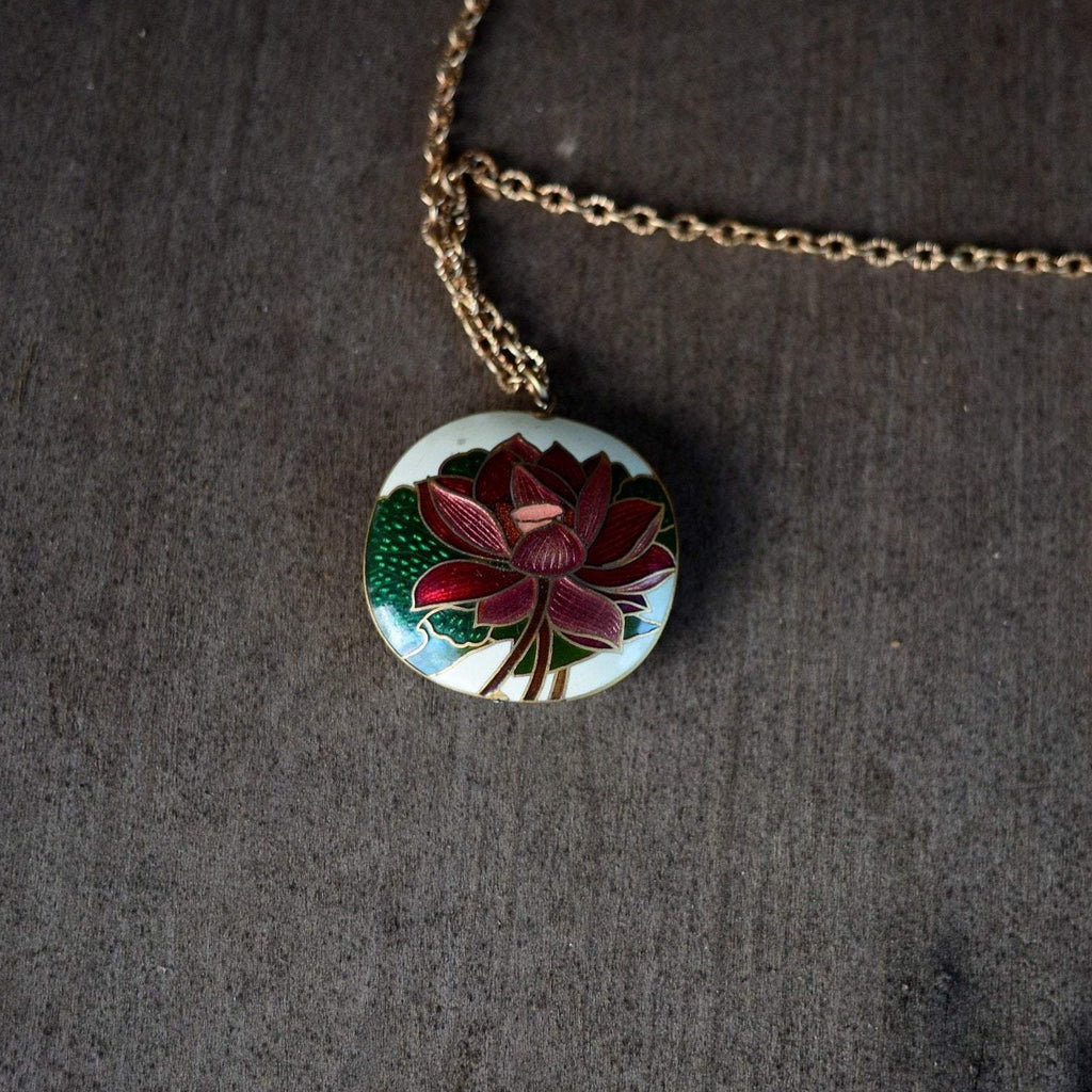 vintage Chinese lotus flower puffy cloissonne pendant necklace // 2" diameter