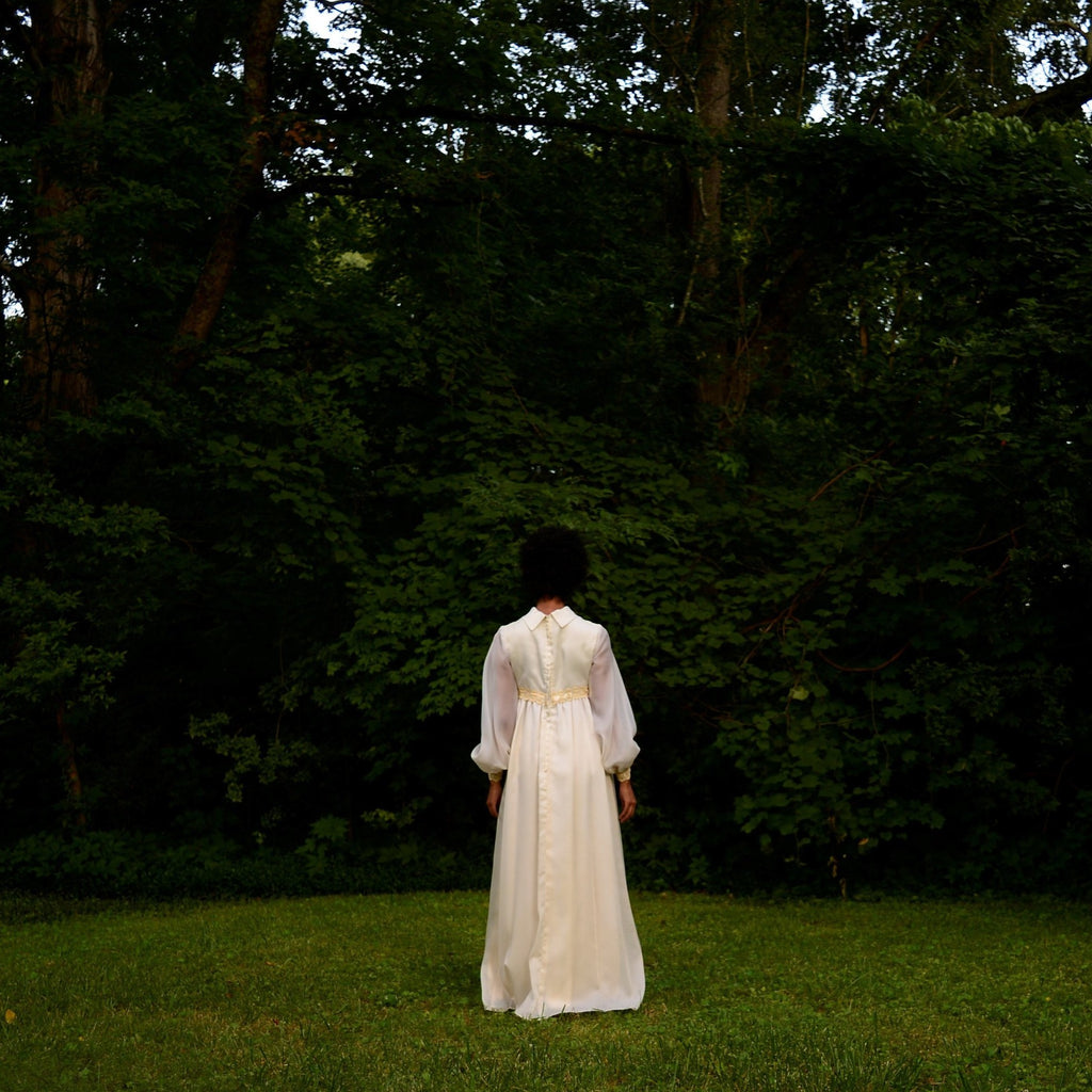 60s cream chiffon empire waist wedding gown with bishop sleeve // small-medium