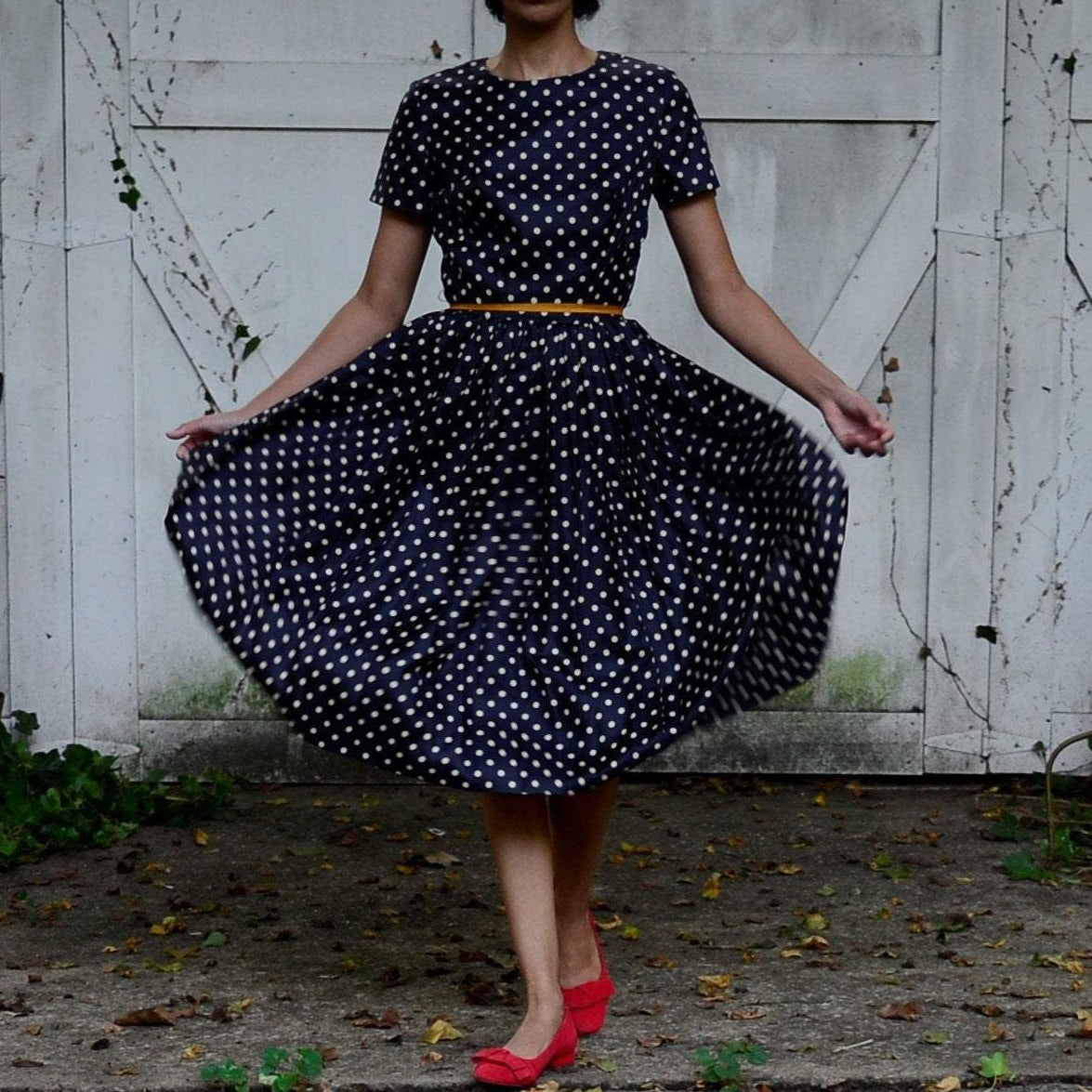 1950s silk navy blue polka dot fit and flare dress, union tag