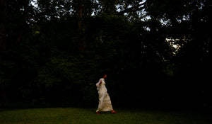 60s cream chiffon empire waist wedding gown with bishop sleeve // small-medium