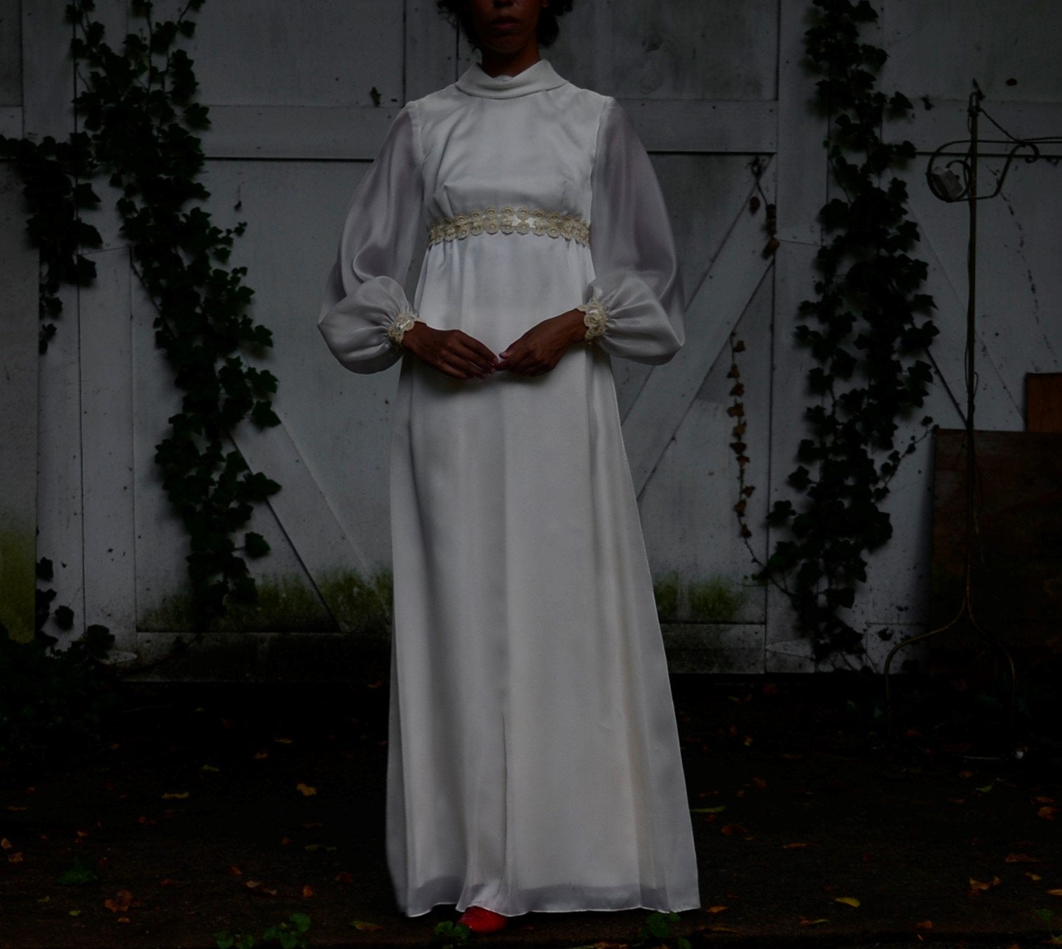 60s cream chiffon empire waist wedding gown with bishop sleeve // smal Page of Air 60s cream chiffon empire waist wedding gown with bishop sleeve // smal Page of Air