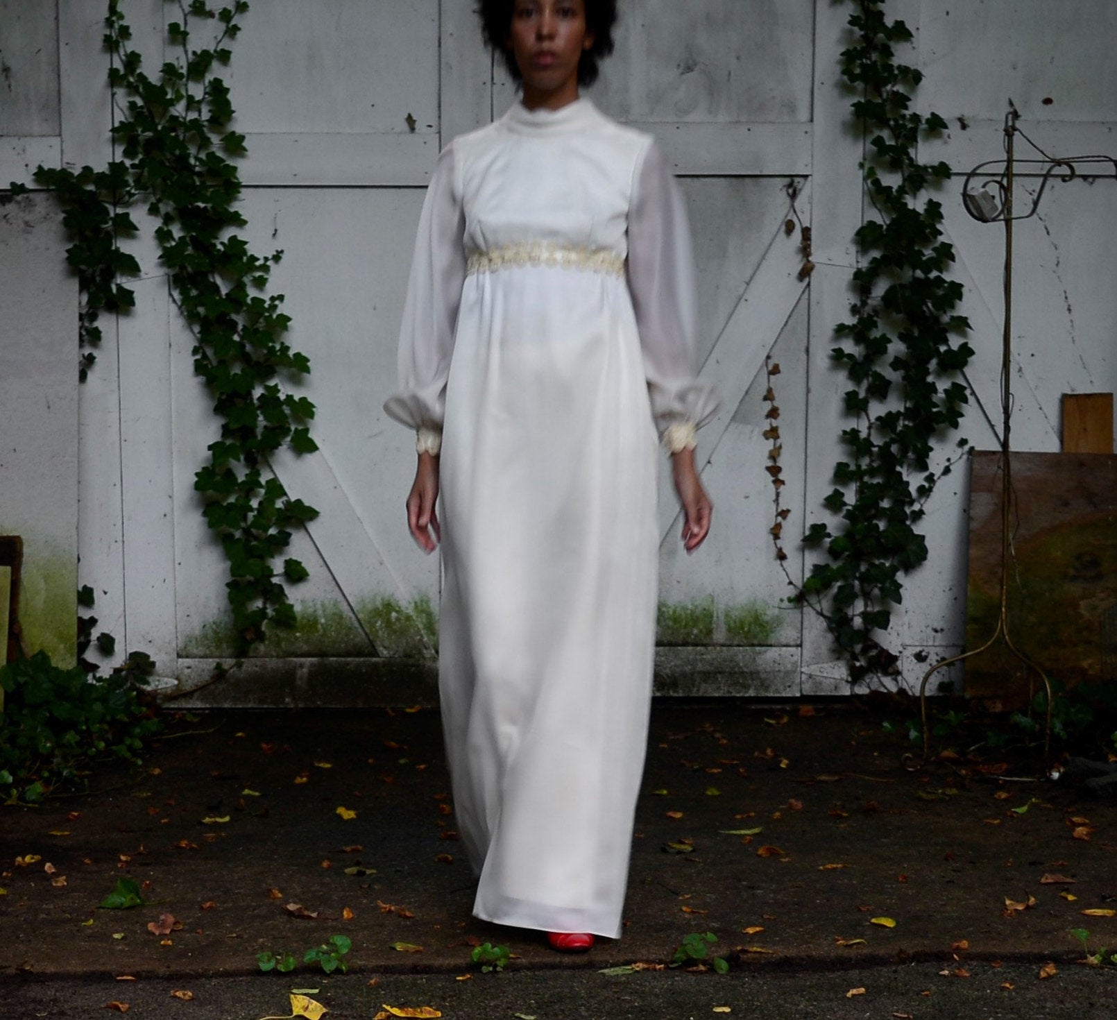 60s cream chiffon empire waist wedding gown with bishop sleeve // smal Page of Air 60s cream chiffon empire waist wedding gown with bishop sleeve // smal Page of Air