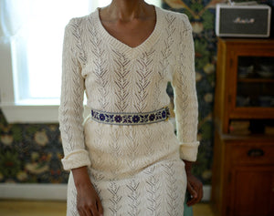 70s does 30s cream cotton pointelle knit skirt set // s-m