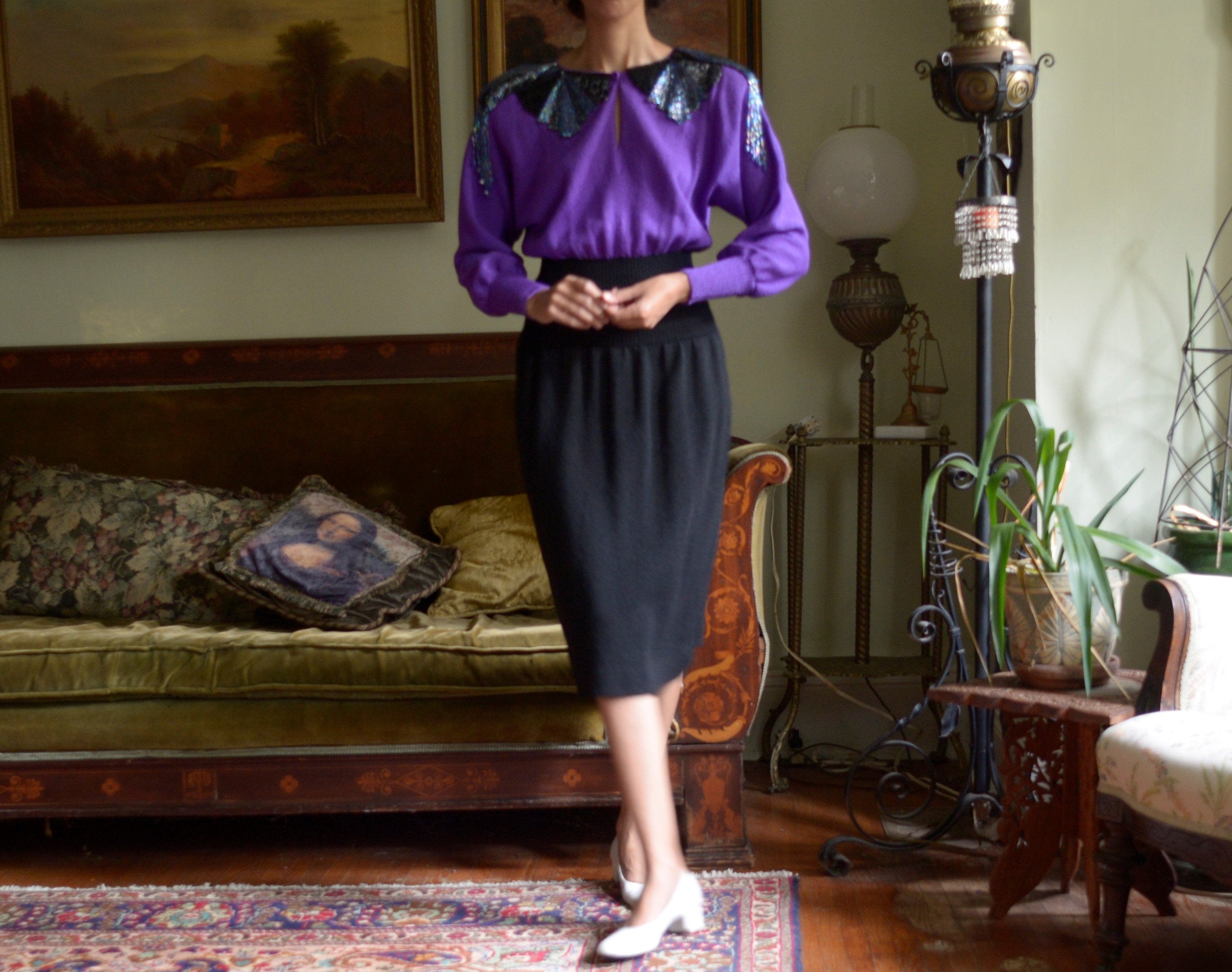 80s two tone santana knit wide waist panel, dolman sleeve dress with deco shoulder beading // US 6, small, medium