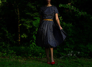1950s silk navy blue polka dot fit and flare dress, union tag // small // 25" waist
