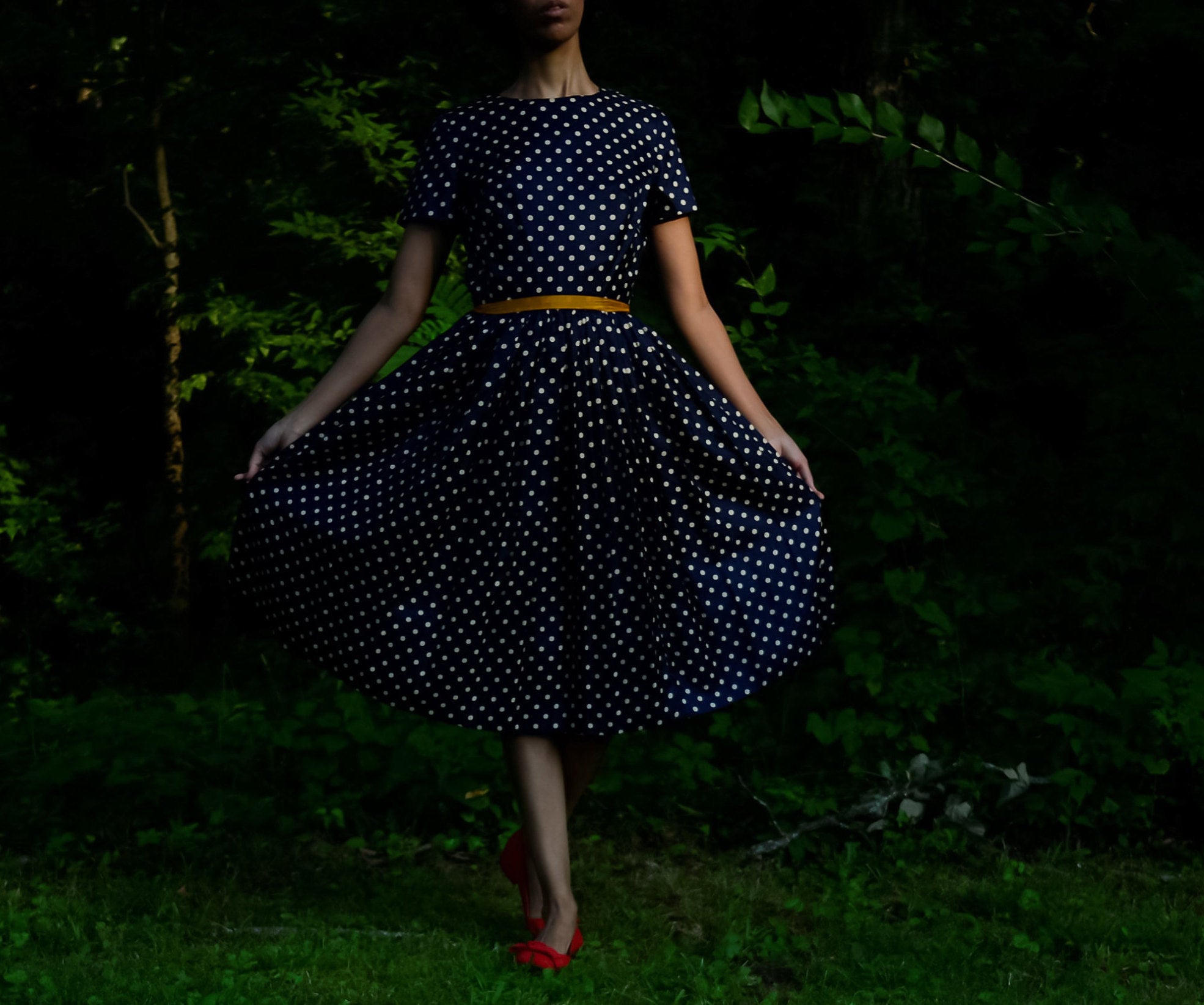 1950s silk navy blue polka dot fit and flare dress, union tag // small // 25" waist