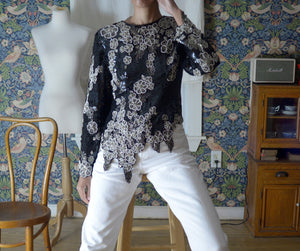 80s pure silk beaded floral pattern cut out hem blouse // small, 34" bust