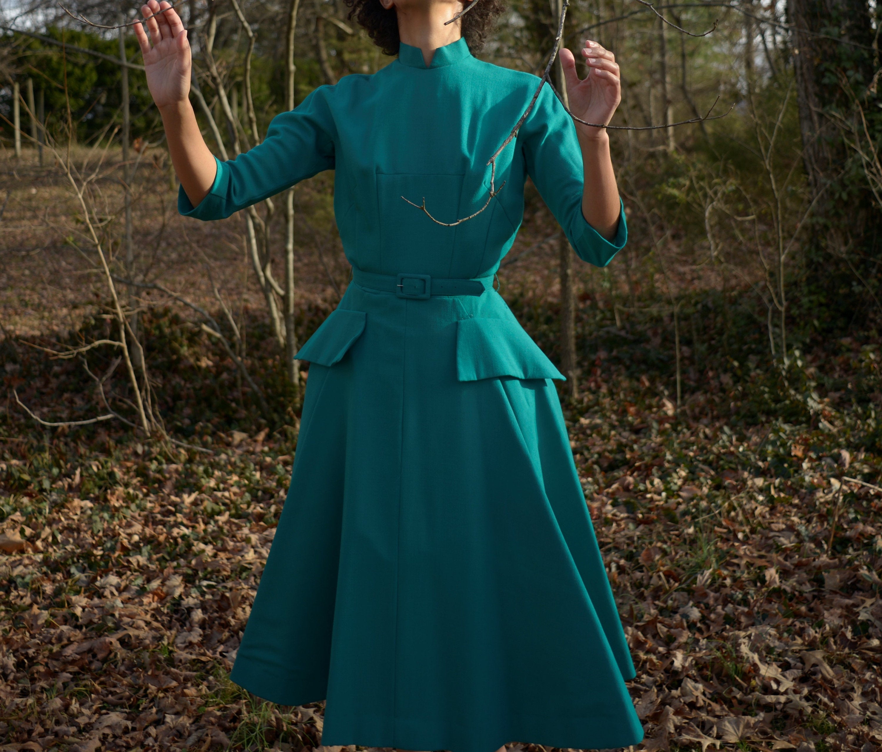 1950s teal wool couture modernist fit and flare gown // small, 26" waist