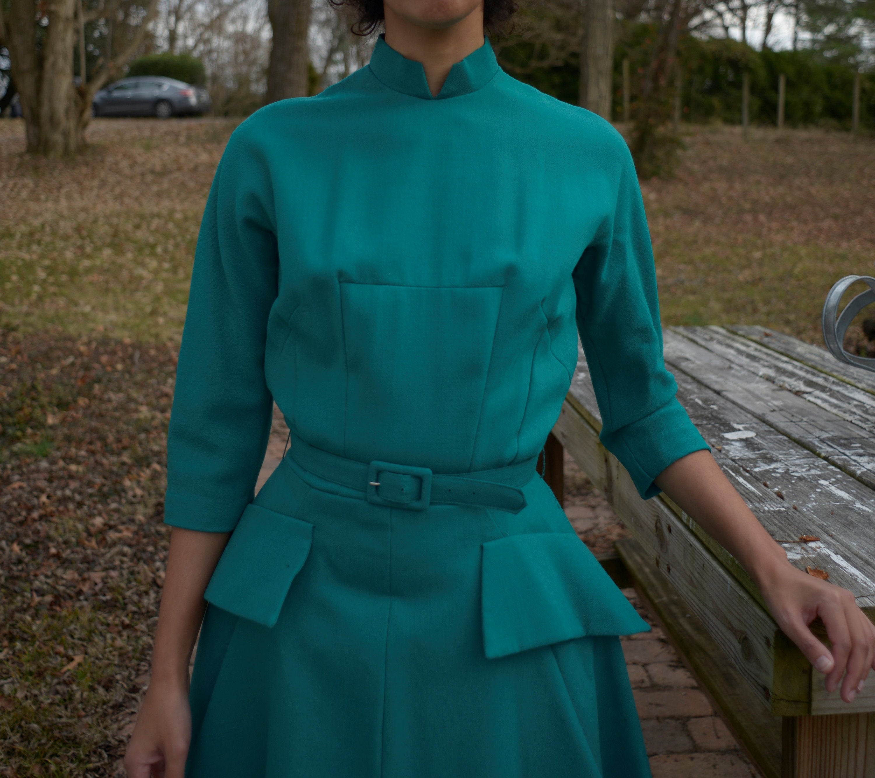 1950s teal wool couture modernist fit and flare gown // small, 26" waist