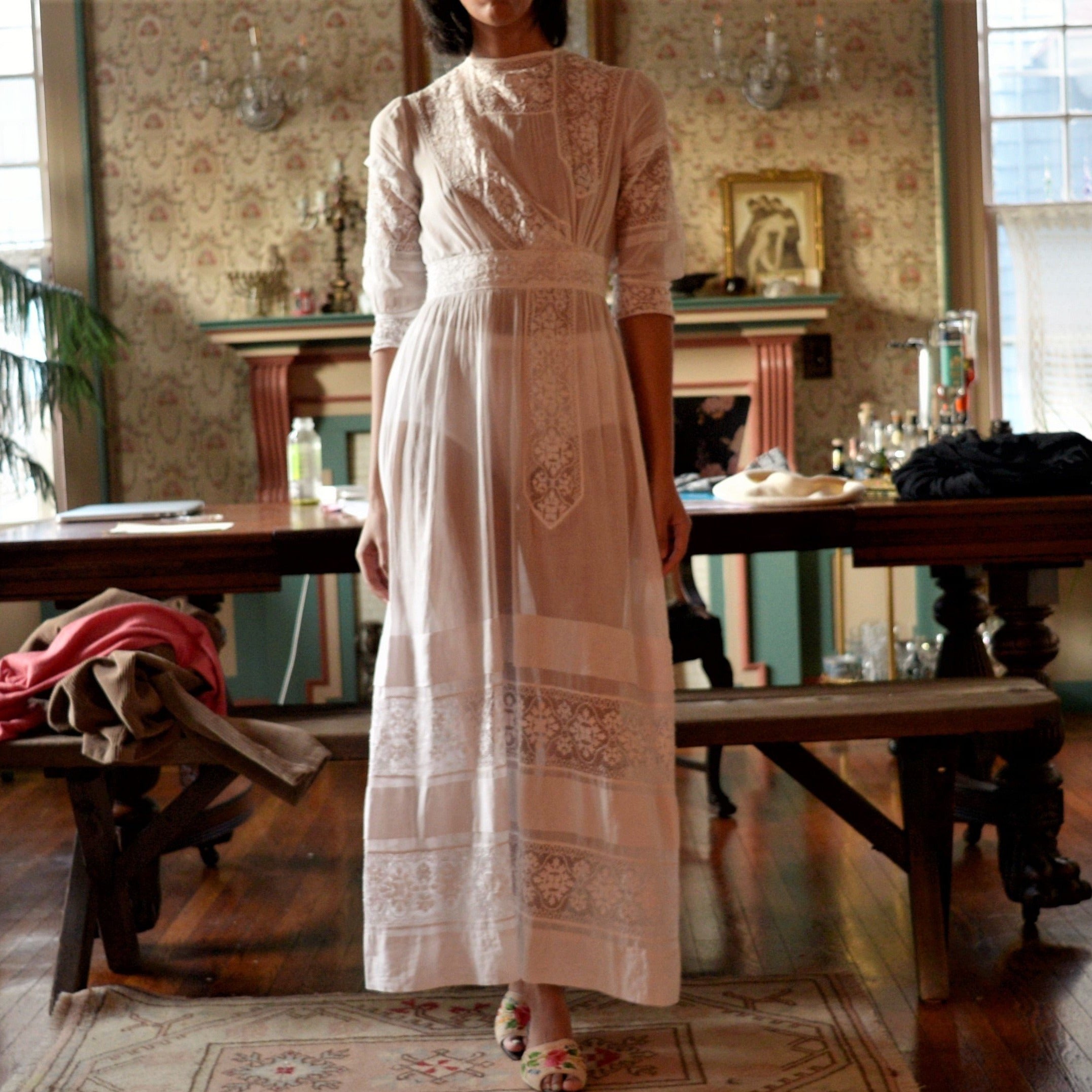 cotton lawn dress Antique Edwardian sheer cotton and fillet lace lawn dress // x-small, – Page of Air