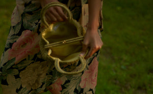 60s gold metallic macrame crochet top handle purse, handmade in Italy
