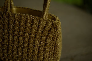 60s gold metallic macrame crochet top handle purse, handmade in Italy