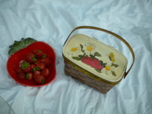 vintage wood carved strawberry top handle basket purse with floral quilted lining, mirror
