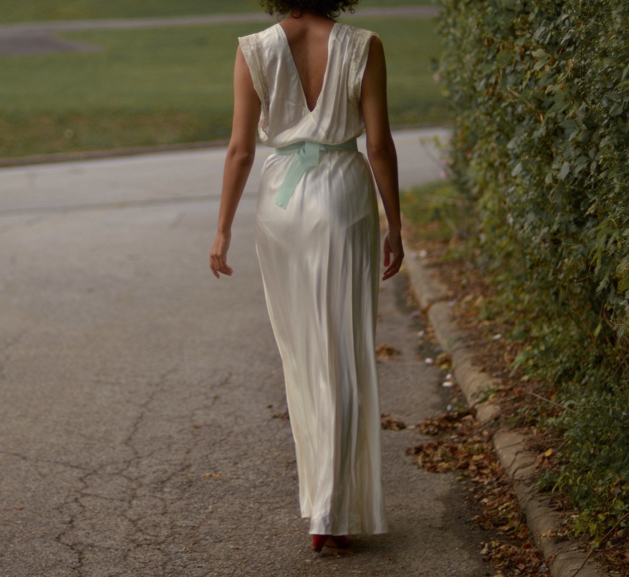 1930s cream satin full length bias cut slip dress with alencon lace tr Page of Air 1930s cream satin full length bias cut slip dress with alencon lace tr Page of Air