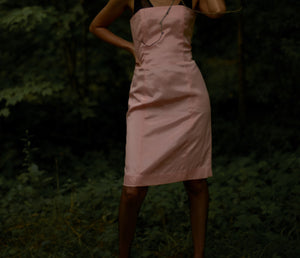 80s pink grosgrain back bow strapless cocktail dress with corset boning // small-medium, 29” waist
