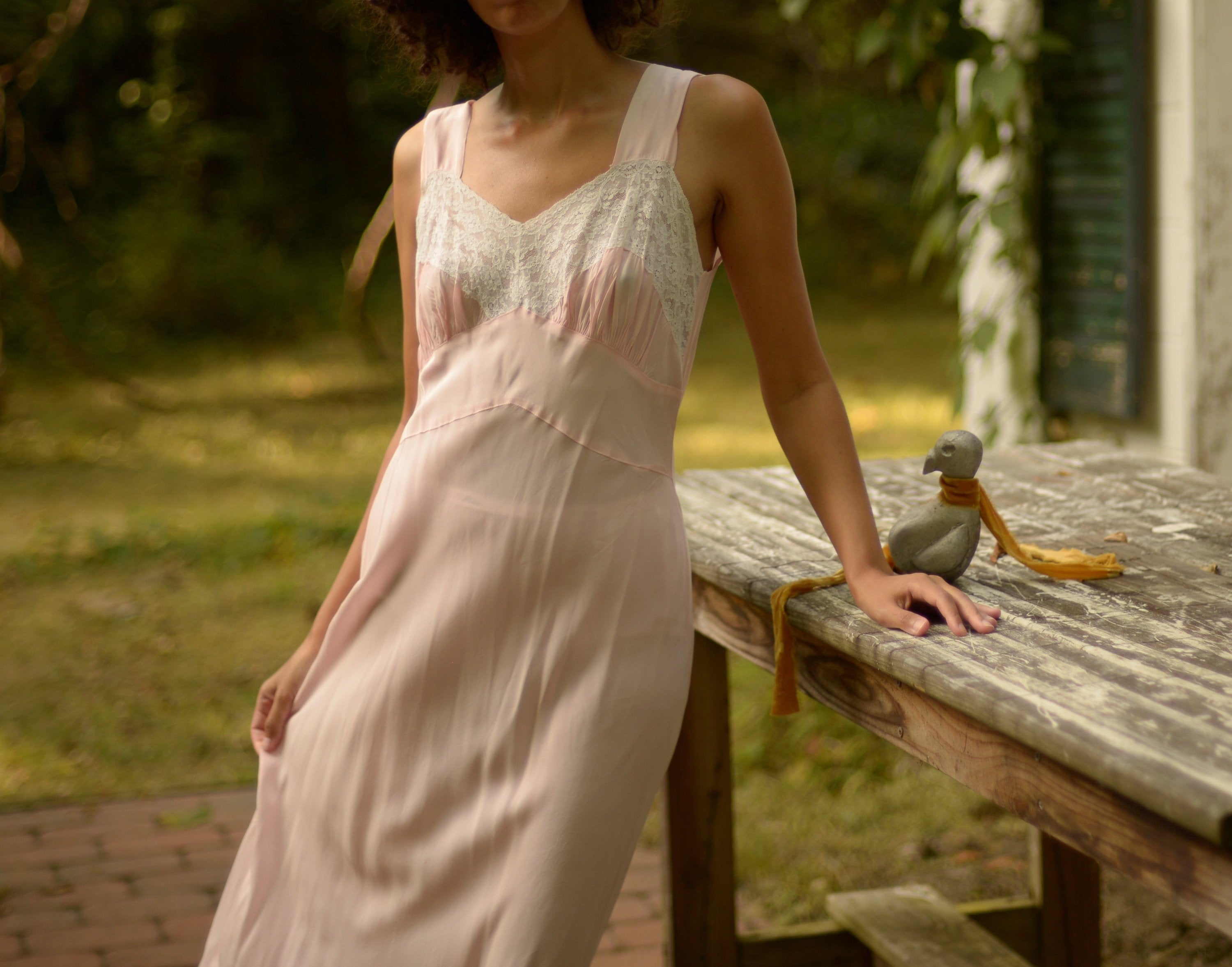 1930s blush pink bias cut slip dress with lace alencon inserts, ruffle hem // fits up to large