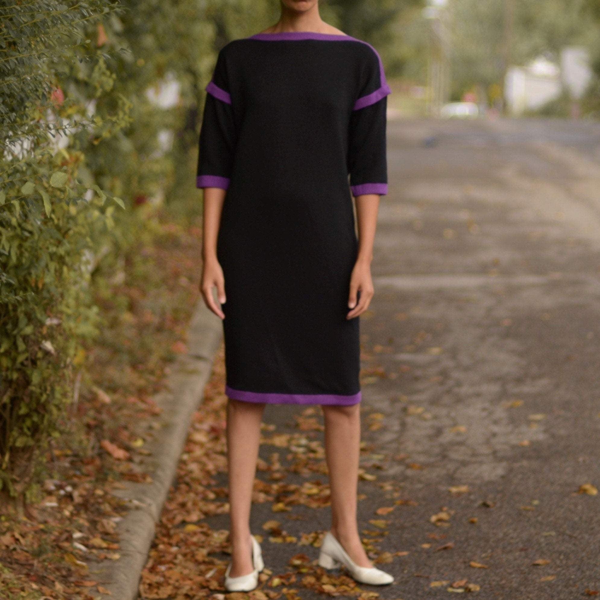 70s St. John santana knit sack dress with purple trim // small-medium, Page of Air 70s St. John santana knit sack dress with purple trim // small-medium, Page of Air