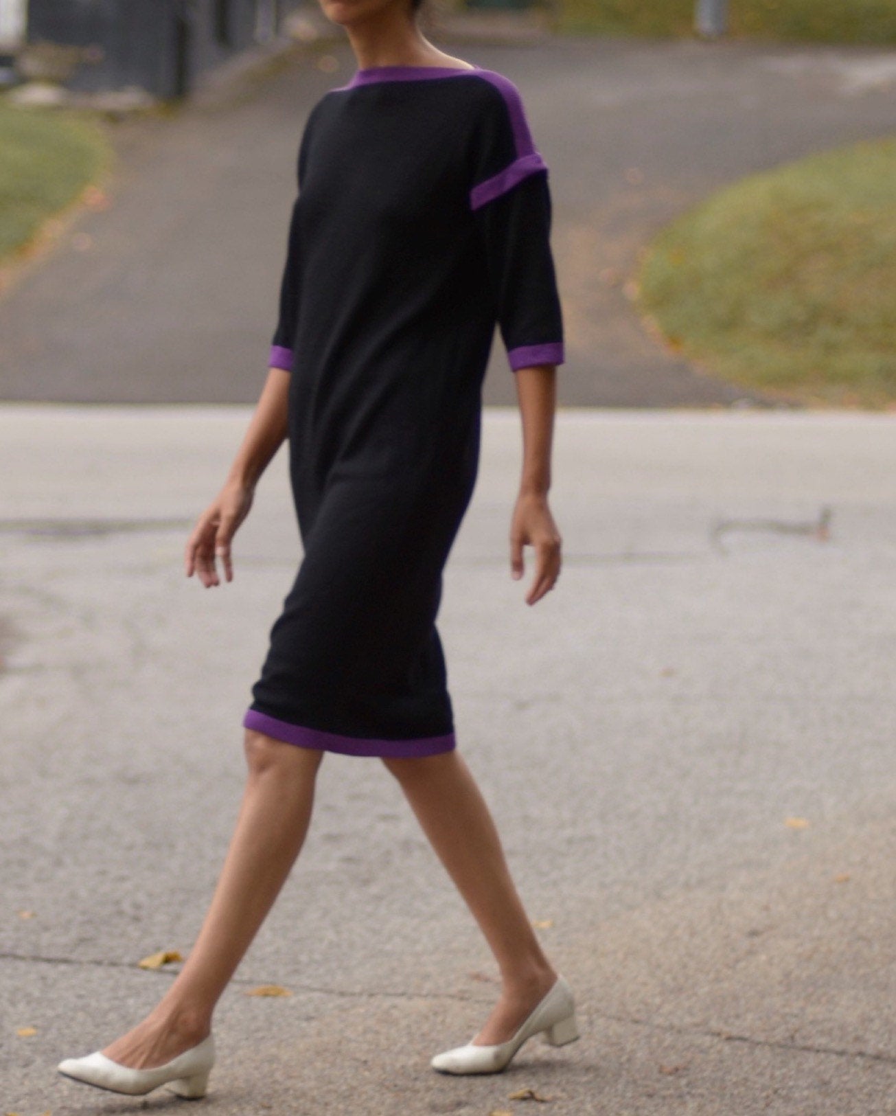 70s St. John santana knit sack dress with purple trim // small-medium, 38” bust