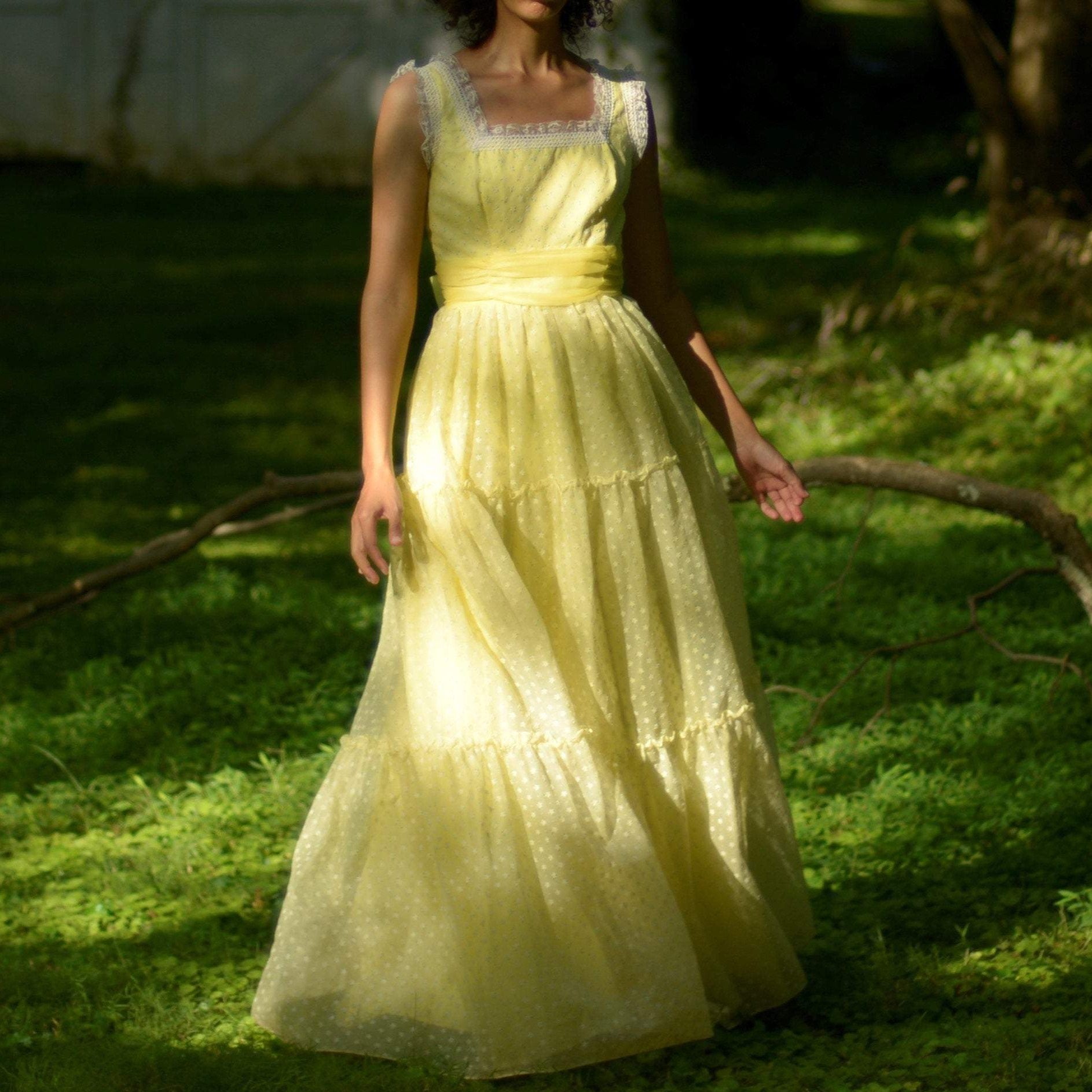 70s yellow organza full length tiered gown with back bow // small-medium