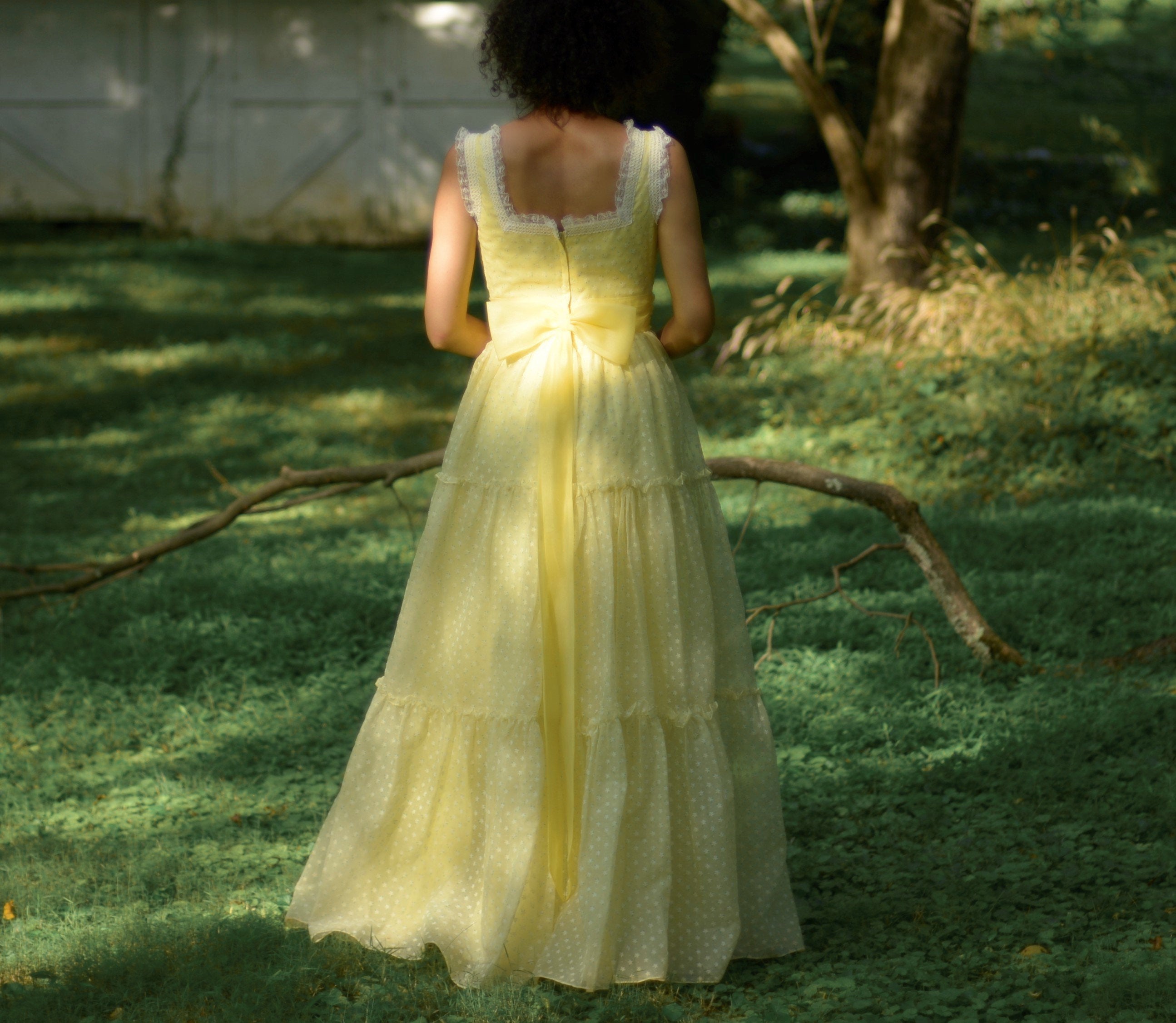 70s yellow organza full length tiered gown with back bow // small-medium