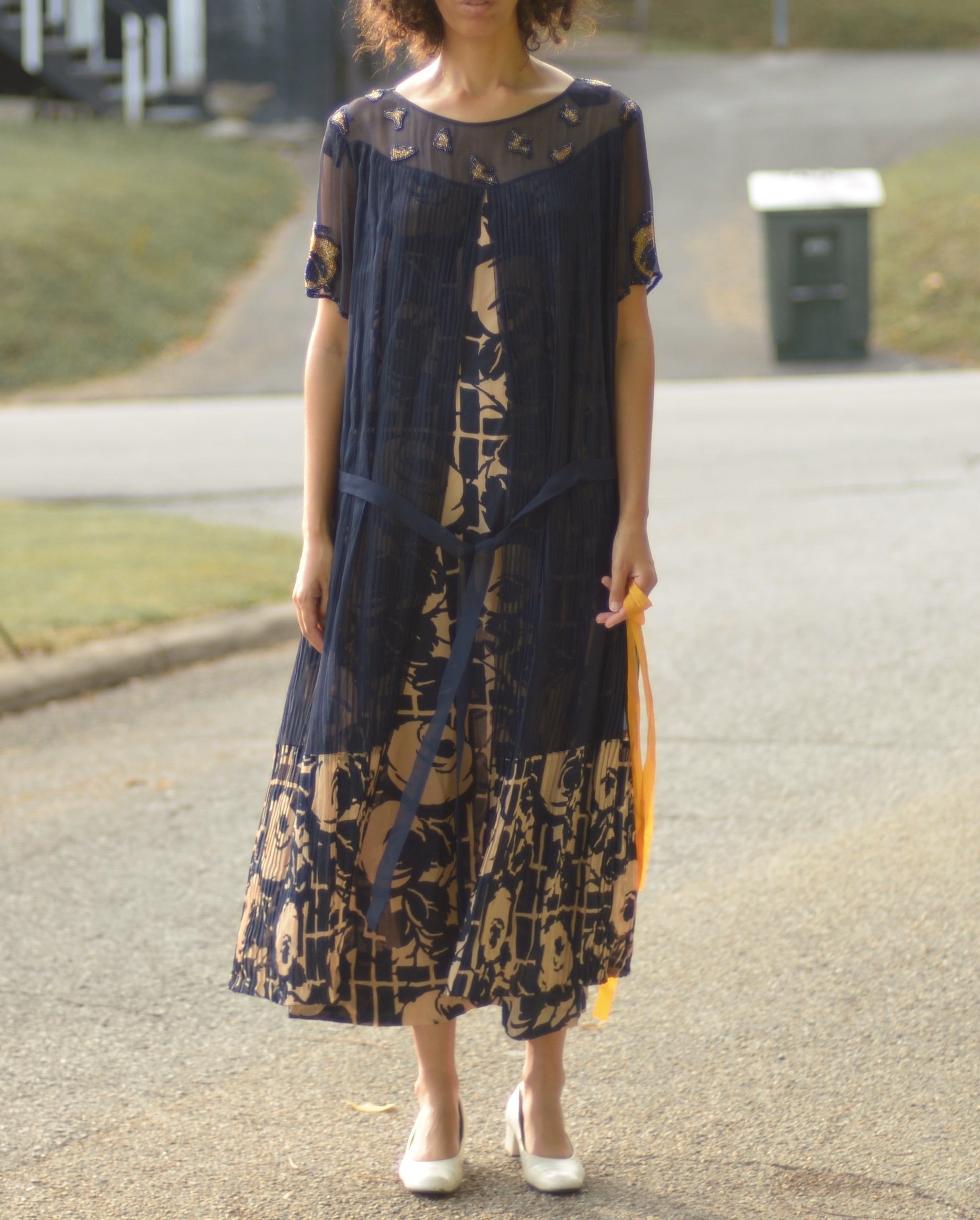 1920s navy blue and beige floral silk drop waist flapper dress Page of Air 1920s navy blue and beige floral silk drop waist flapper dress Page of Air