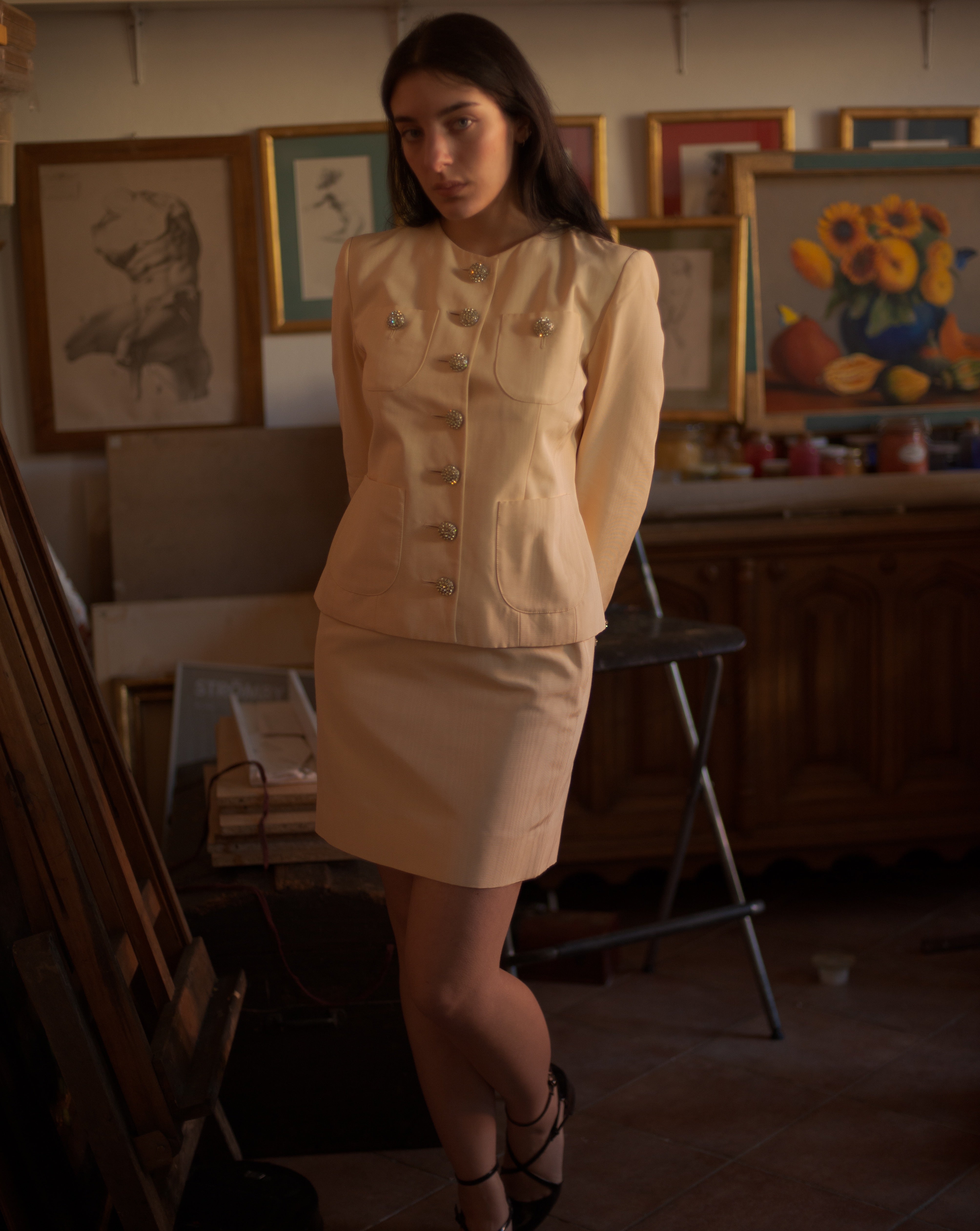 1980s YSL cream moiré rhinestone button skirt suit, US 8
