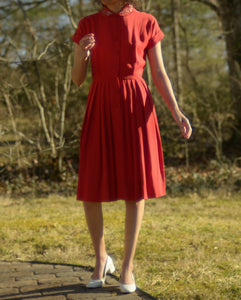 1940s rayon crepe fit and flare dress with beaded Peter Pan collar, small