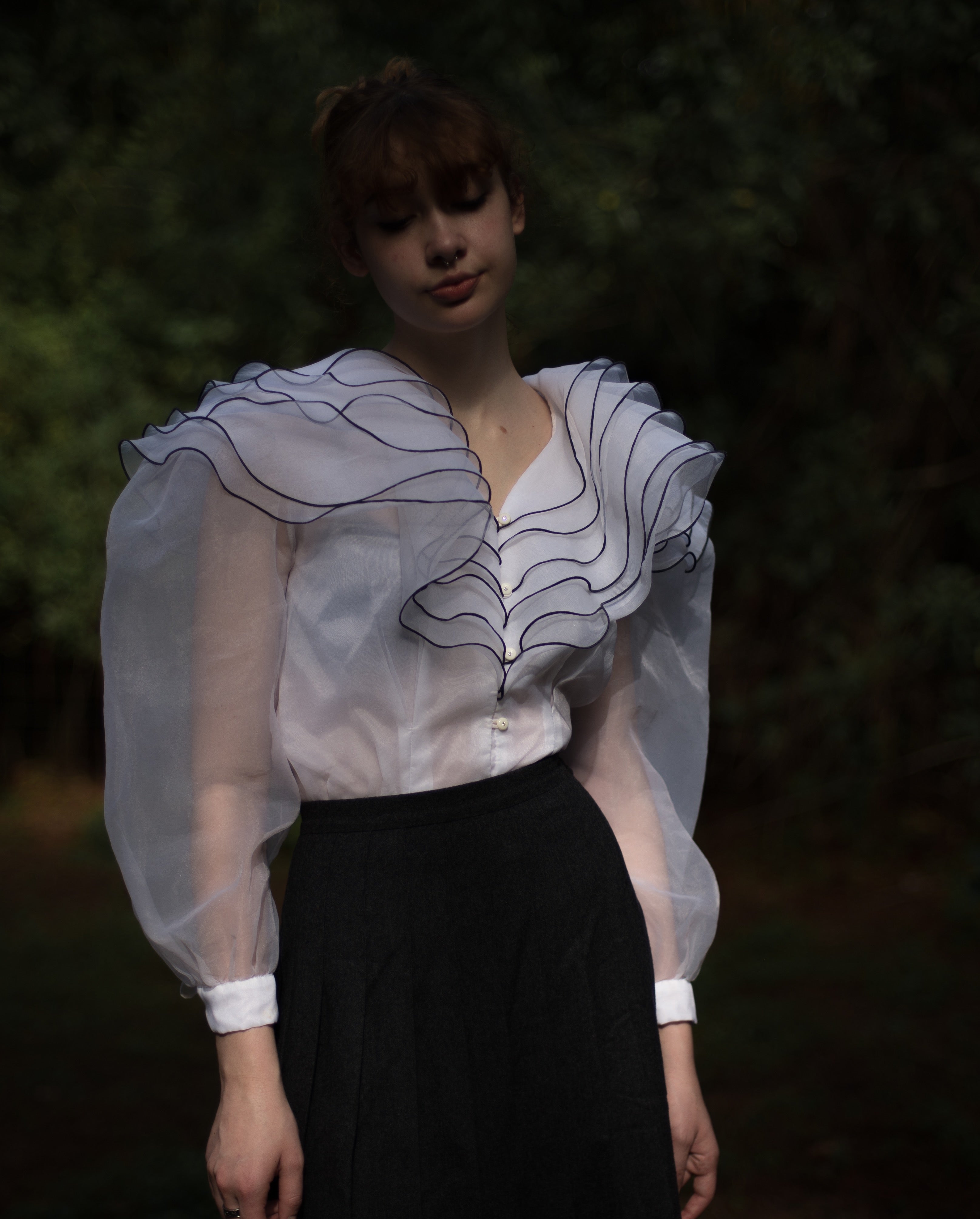 Organza Ruffle 80s ethereal organza tiered ruffle collar blouse with puff sleeve, 30 ...