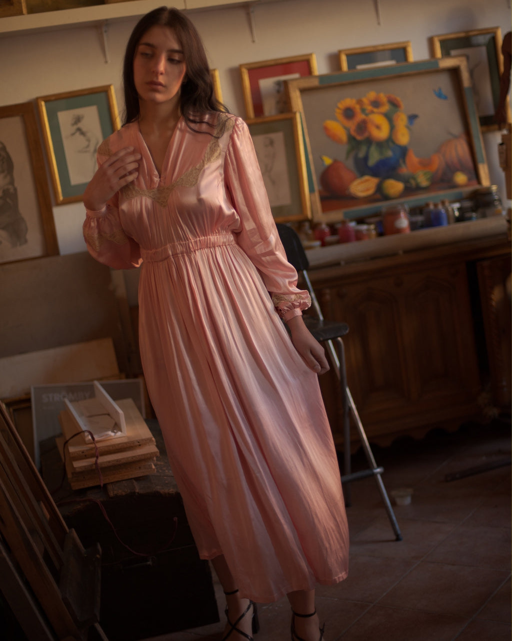 1940s pink silk satin peignoir, fits up to large