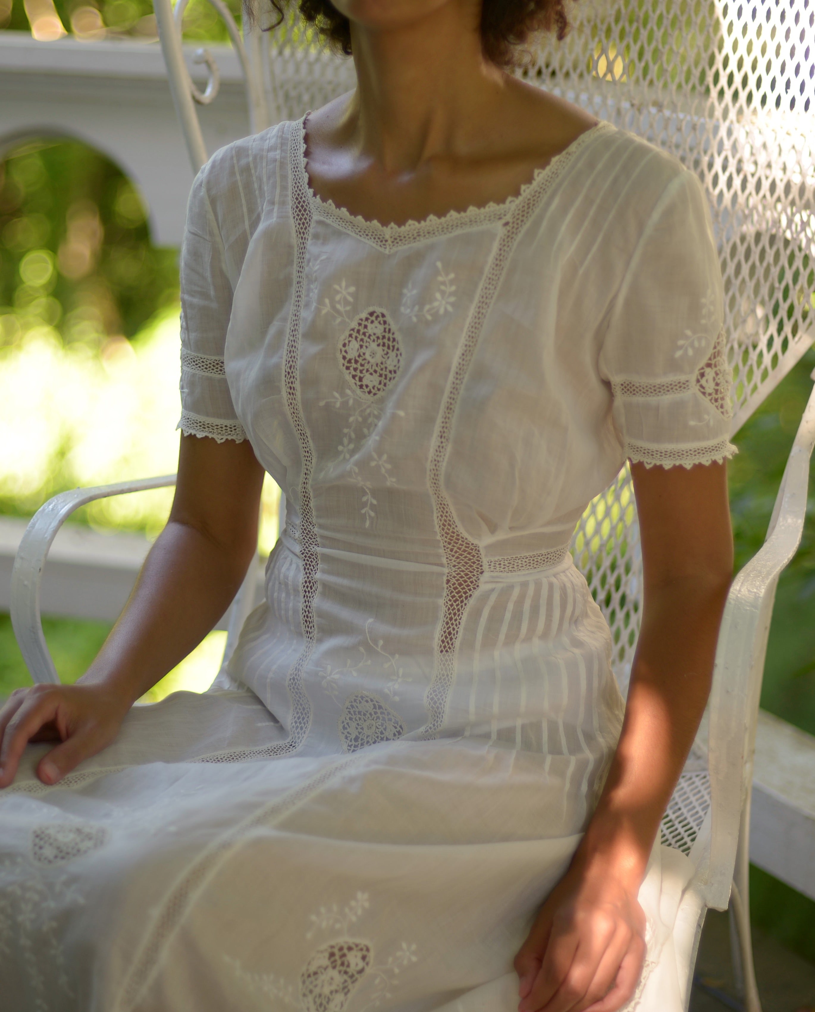 Antique Irish crochet trimmed cotton batiste Edwardian tea dress
