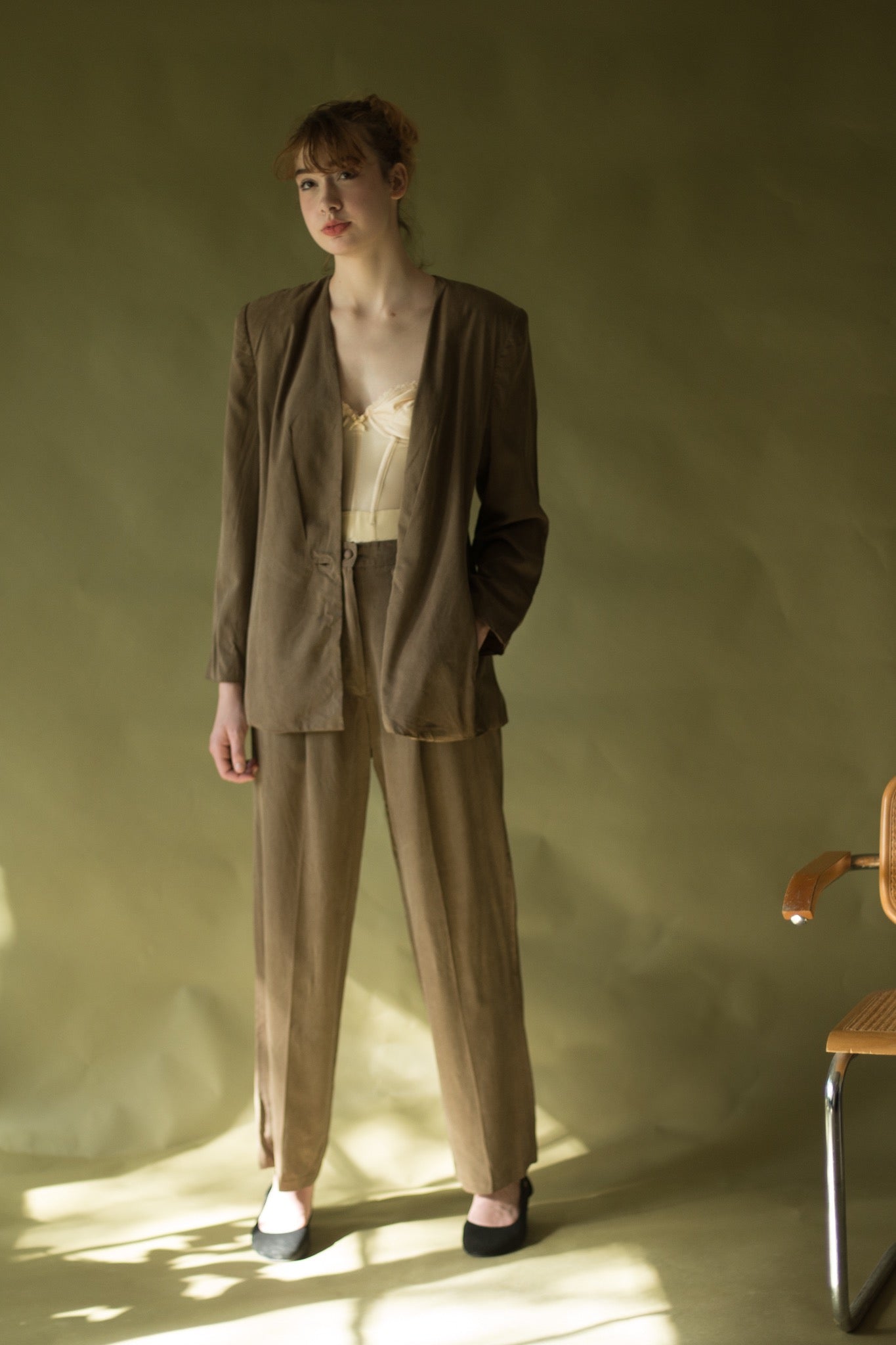 80s/90s taupe silk high waisted pant suit with strong shoulder jacket, –  Page of Air