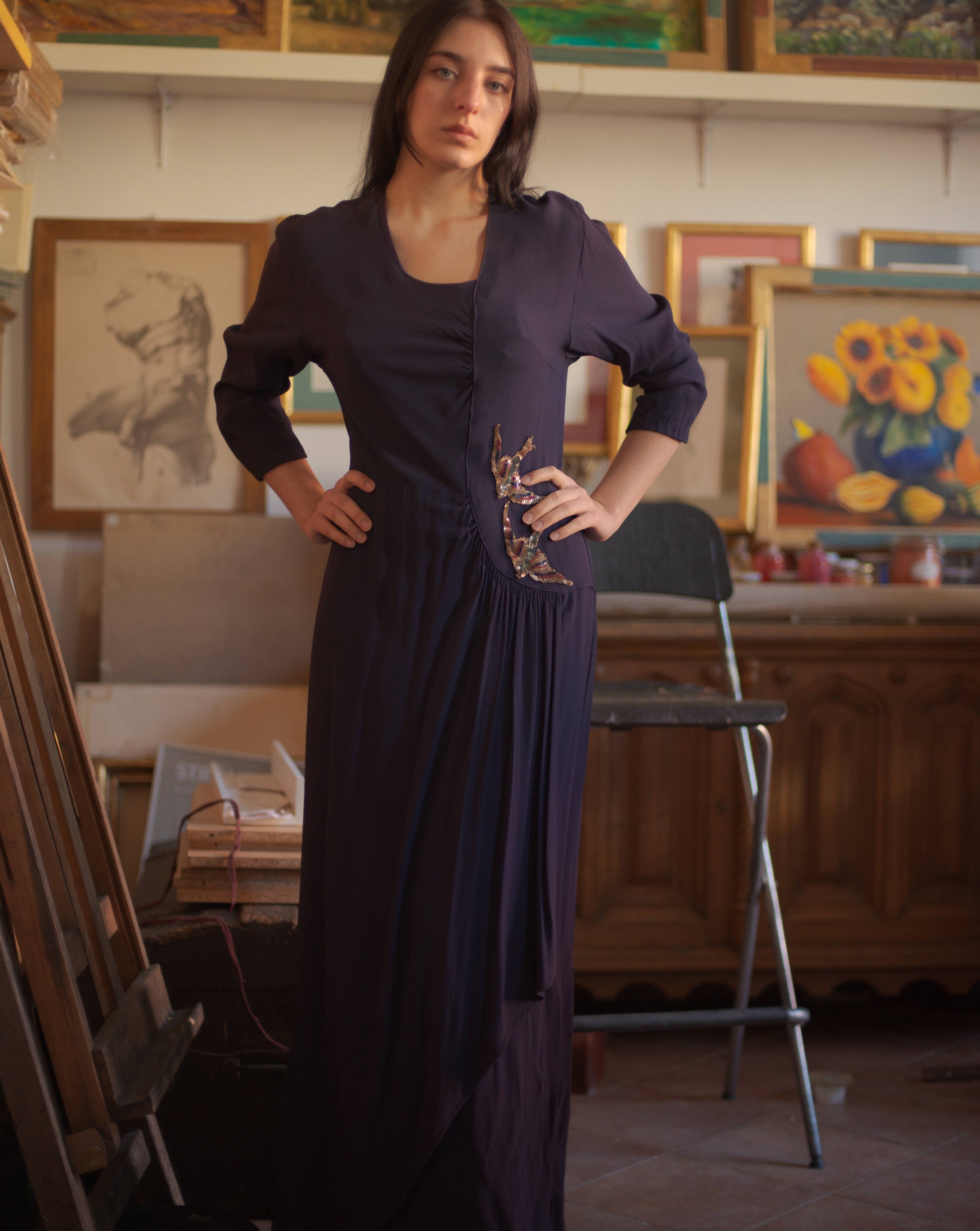 1940s midnight blue rayon crepe draped gown with bird sequin detail, M/L