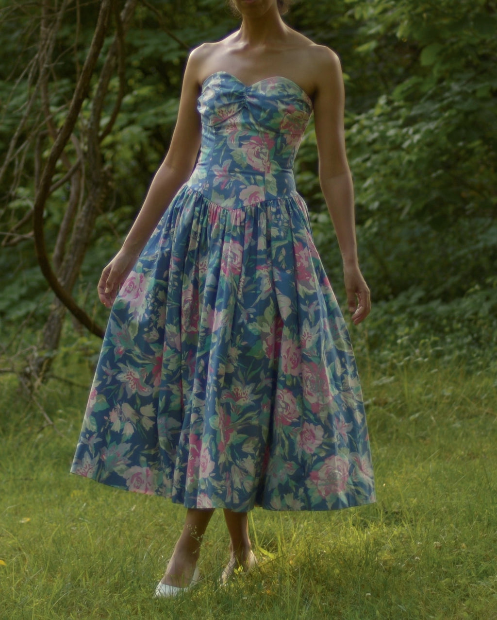 80s Laura Ashley cotton floral fit and flare strapless dress, small