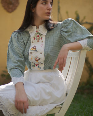 Vintage cotton mutton sleeve cross stitch embroidery and crochet collar gingham blouse