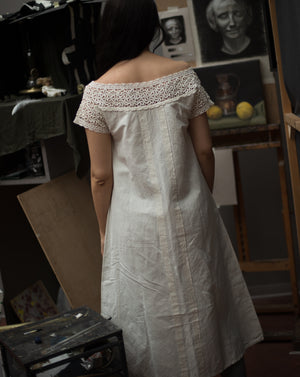 Antique cotton crochet work off shoulder night dress, fits up to large