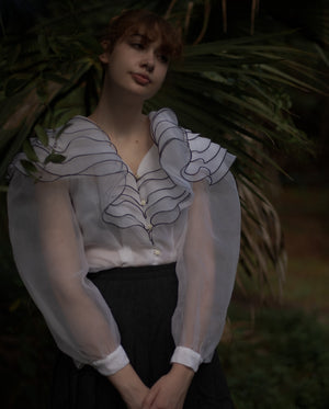 80s ethereal organza tiered ruffle collar blouse with puff sleeve, 30” waist