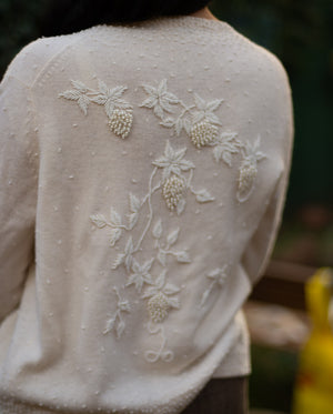 1960s beaded grape motif lambswool angora cardigan sweater with silk lining