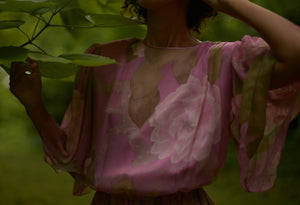 80s Hanae Mori silk chiffon floral flutter sleeve tea dress, US 14, large