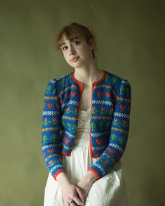 50s/60s pure wool hand knit open cardigan with heart and nature motif, small-medium