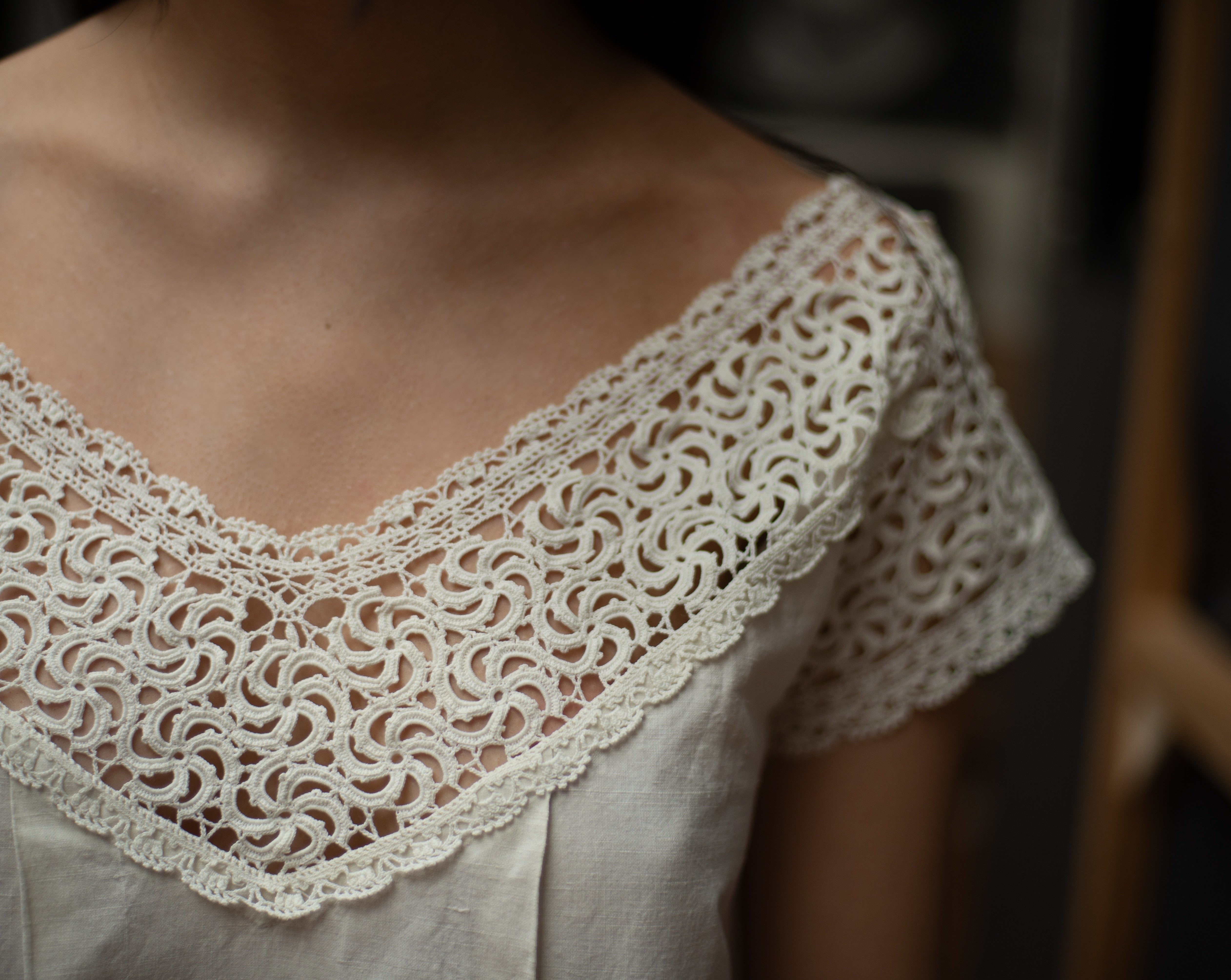 Antique cotton crochet work off shoulder night dress, fits up to large Page of Air Antique cotton crochet work off shoulder night dress, fits up to large Page of Air