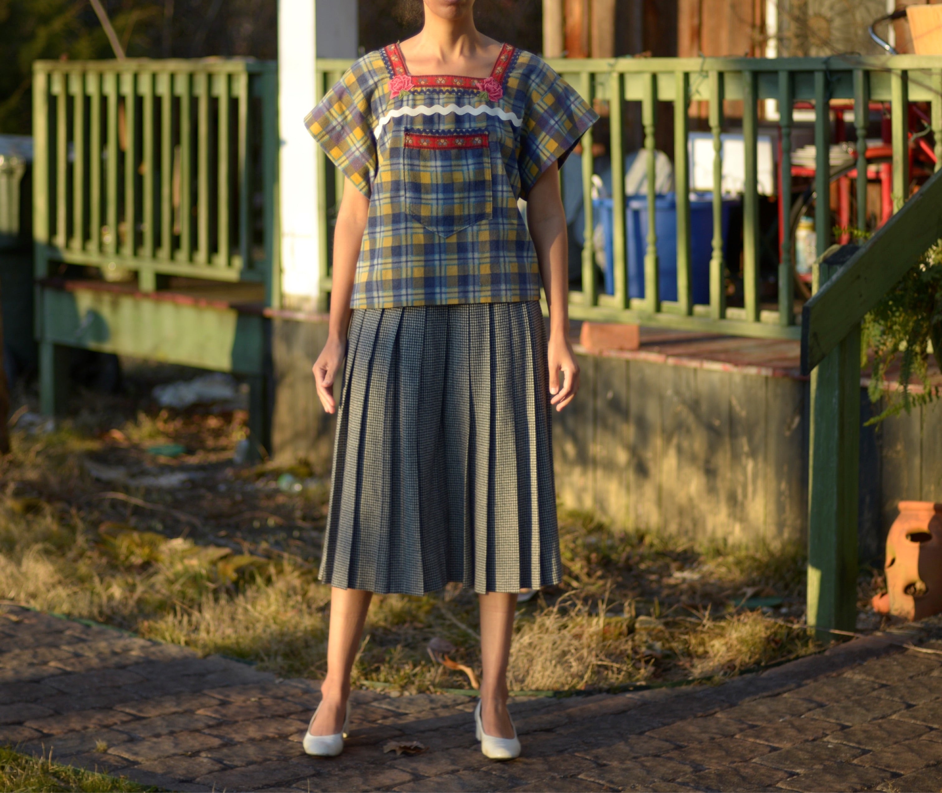 1970s cotton flannel folk blouse with rose appliqués and ribbon, ric rac trimming